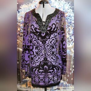 Alfani, Plum, Burnout Velvet, Jewel Neck Tunic